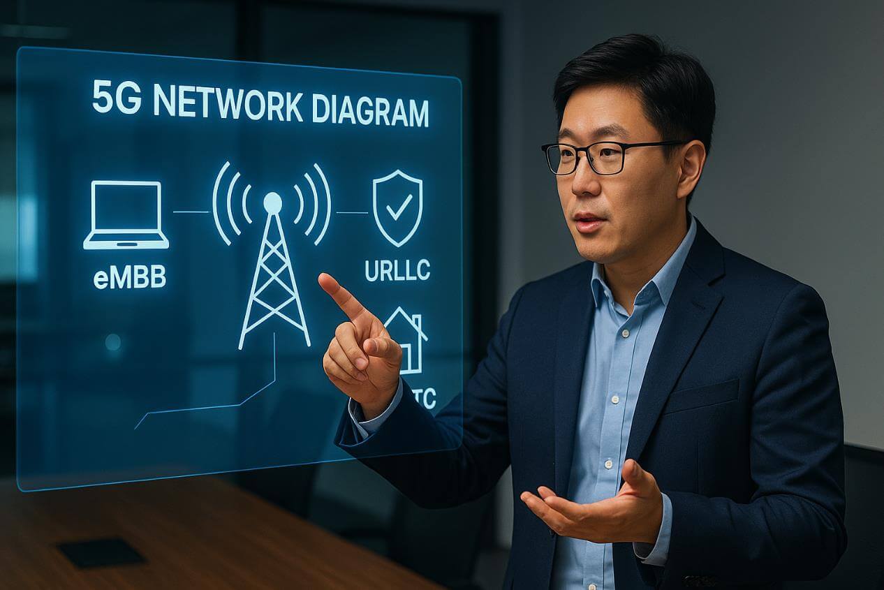 5G의 핵심 기술 구성요소를 설명하는 엔지니어