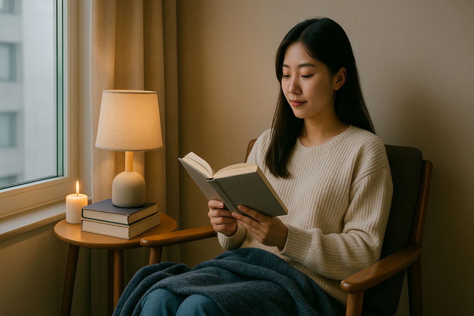 창가 독서 공간에 앉아 있는 여성