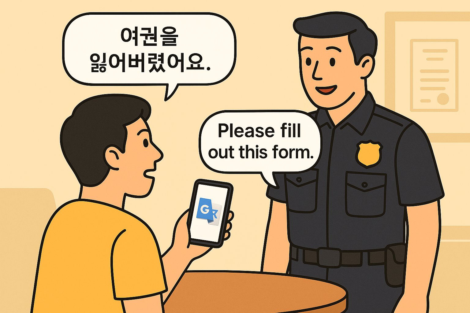 경찰서에서 한국인 관광객이 스마트폰 번역 앱을 보여주며 여권 분실을 신고하는 장면. 관광객은 한국어로 '여권을 잃어버렸어요.'라고 말하고, 외국 경찰은 영어로 'Please fill out this form.'이라고 답하는 모습.