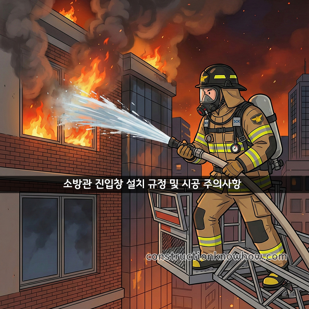 화재 진압을 위해 사다리차를 타고 소방관 진입창으로 접근하는 소방관과 불길에 휩싸인 건물