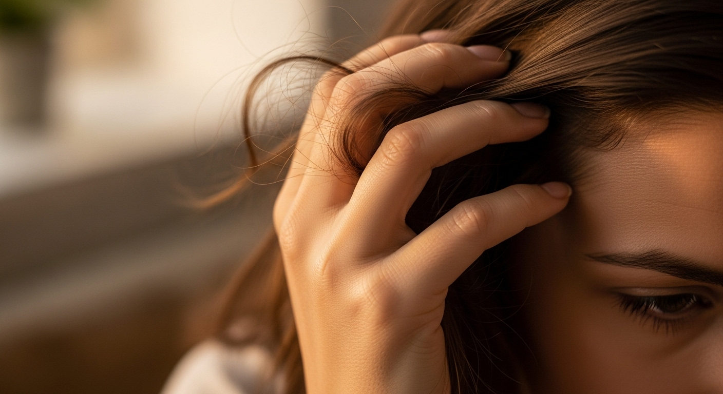 출산 후 빠지는 머리카락을 보며 걱정하는 여성의 손과 머리카락 클로즈업 이미지.