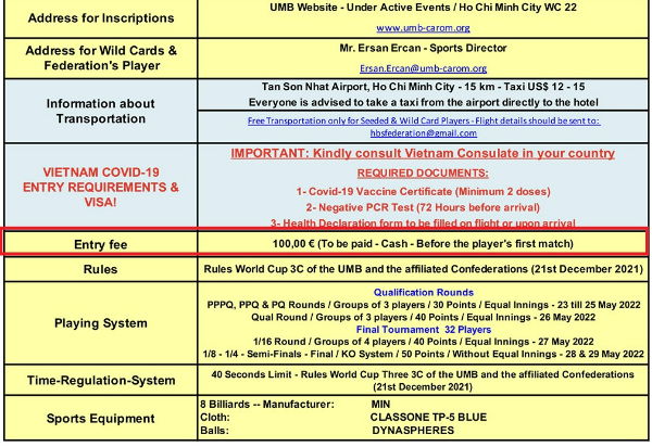 베트남 호치민 3쿠션 당구 월드컵 대회 참가비
