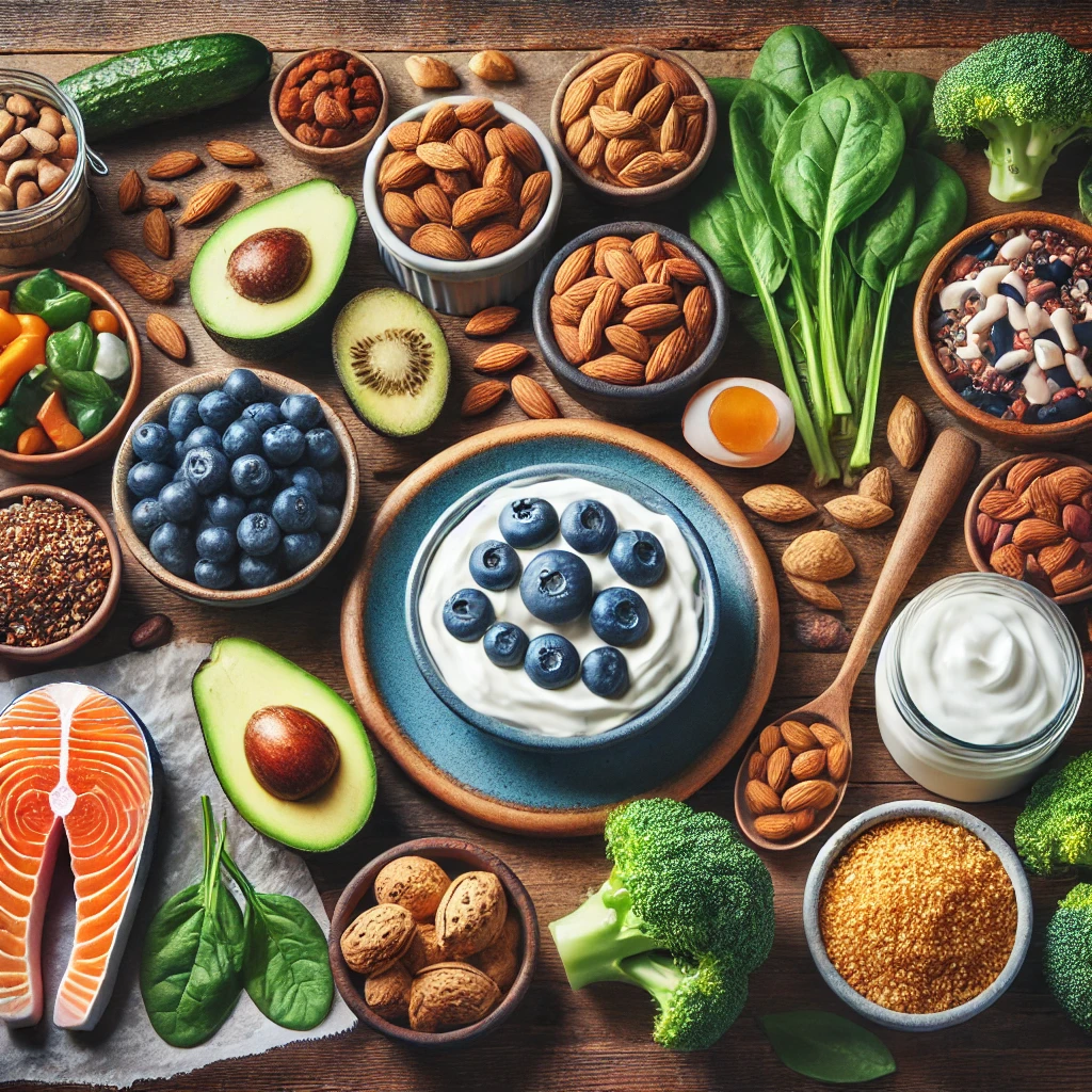 "당뇨병 관리에 좋은 10가지 음식이 나무 테이블 위에 정갈하게 배치된 모습. 블루베리, 시금치, 아몬드, 연어, 아보카도, 고구마, 퀴노아, 콩, 그릭요거트, 브로콜리 등 혈당 조절에 효과적인 저GI 식품들로 구성. 건강한 식단, 당뇨 예방, 혈당 관리에 도움 되는 음식."