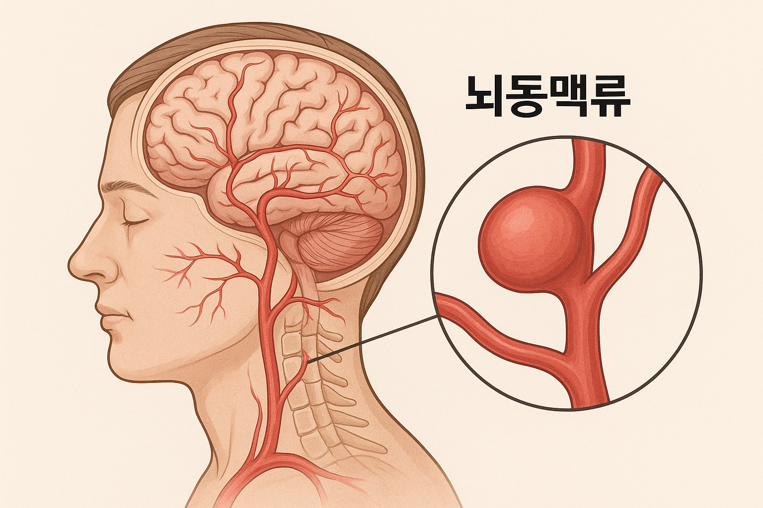뇌동맥류의 발생 위치와 형태를 보여주는 뇌혈관 구조도(출처**자체제작)