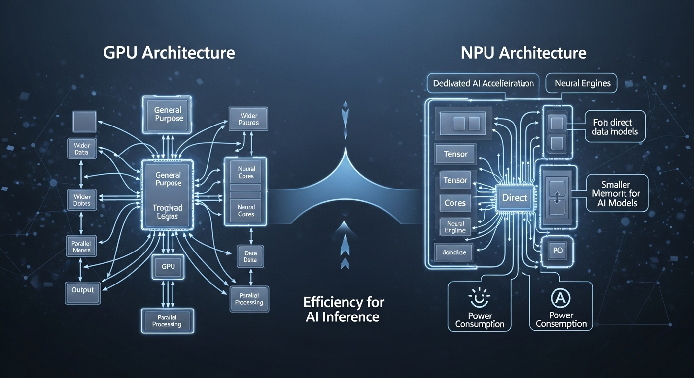 GPU와 NPU의 아키텍처를 비교하며 AI 추론 효율성을 강조하는 추상적인 다이어그램.