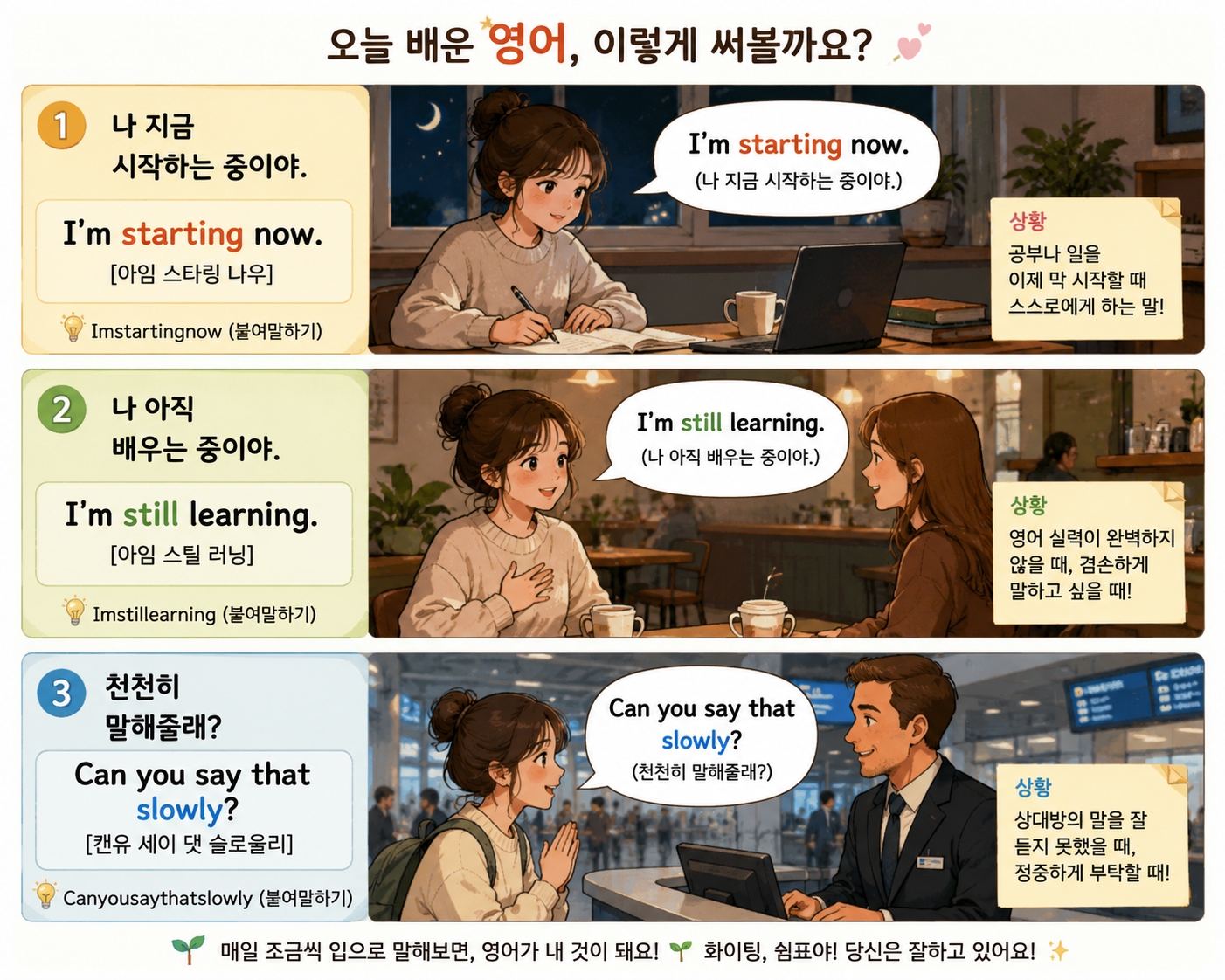 오늘 배운 영어 표현 3문장을 상황극으로 구성한 감성 영어 학습 이미지. 밤에 공부를 시작하는 여성, 카페에서 영어를 배우는 장면, 공항에서 천천히 말해달라고 부탁하는 장면이 따뜻한 일러스트로 표현되어 있다.