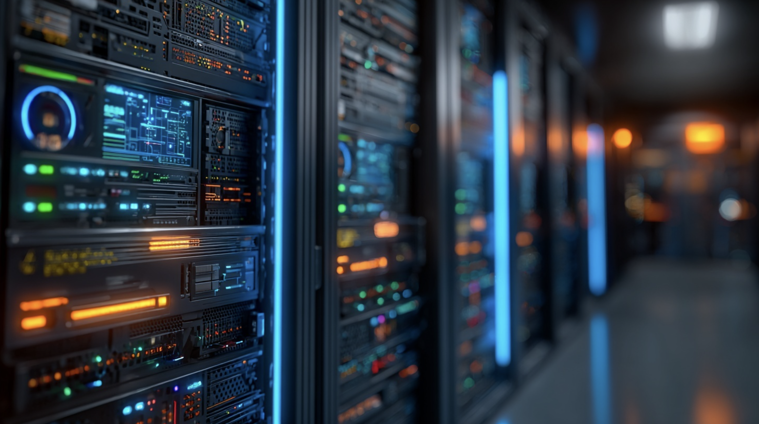 LLM 서빙을 위한 고성능 GPU 서버 인프라. 정렬된 서버 랙과 성능 모니터링 디스플레이, 그리고 체계적으로 정리된 네트워크 케이블들이 보이는 현대적인 데이터센터 환경으로, 안정적인 AI 서비스 운영을 위한 기술적 기반을 시각적으로 표현.