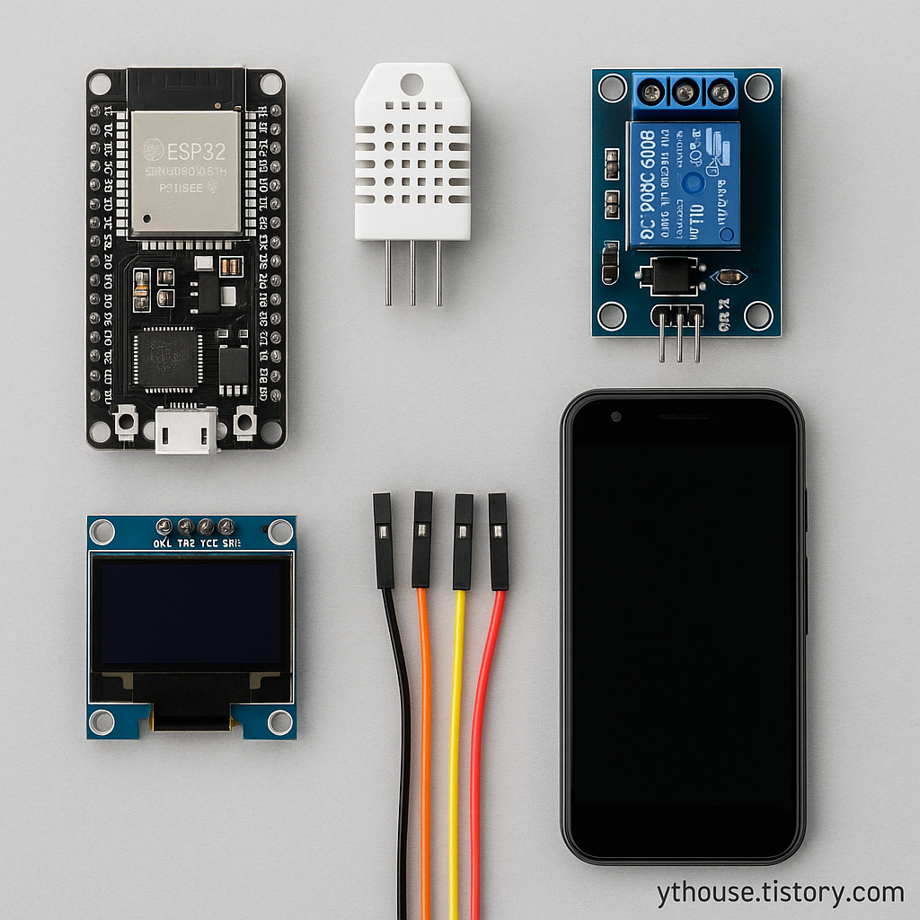 ESP32, DHT22, 릴레이, OLED, 스마트폰, 점퍼와이어 – 아두이노 스마트 홈 구성 요소
