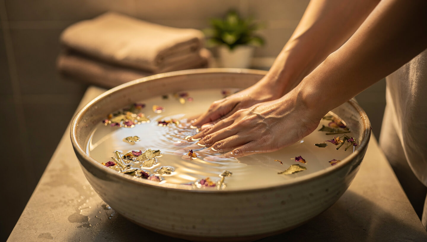 따뜻한 물에 손을 담가 피로를 푸는 수욕 요법