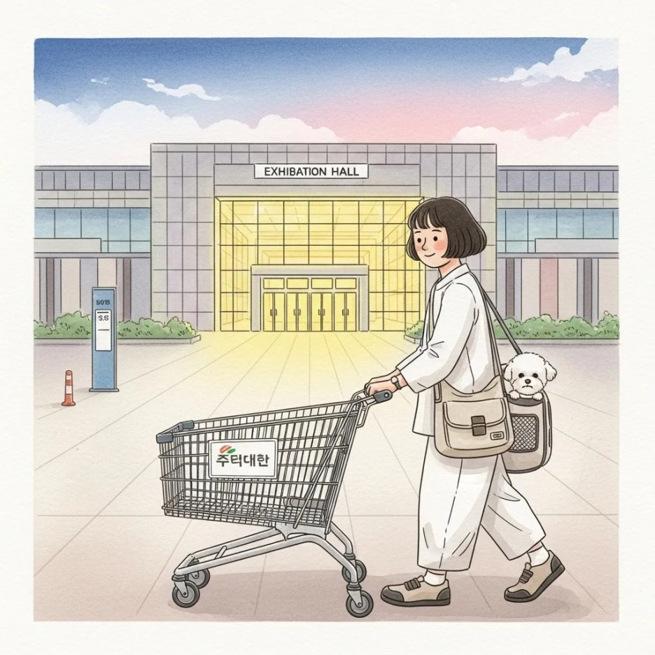 편안하게 펫쇼를 즐길 준비를 하는 모습