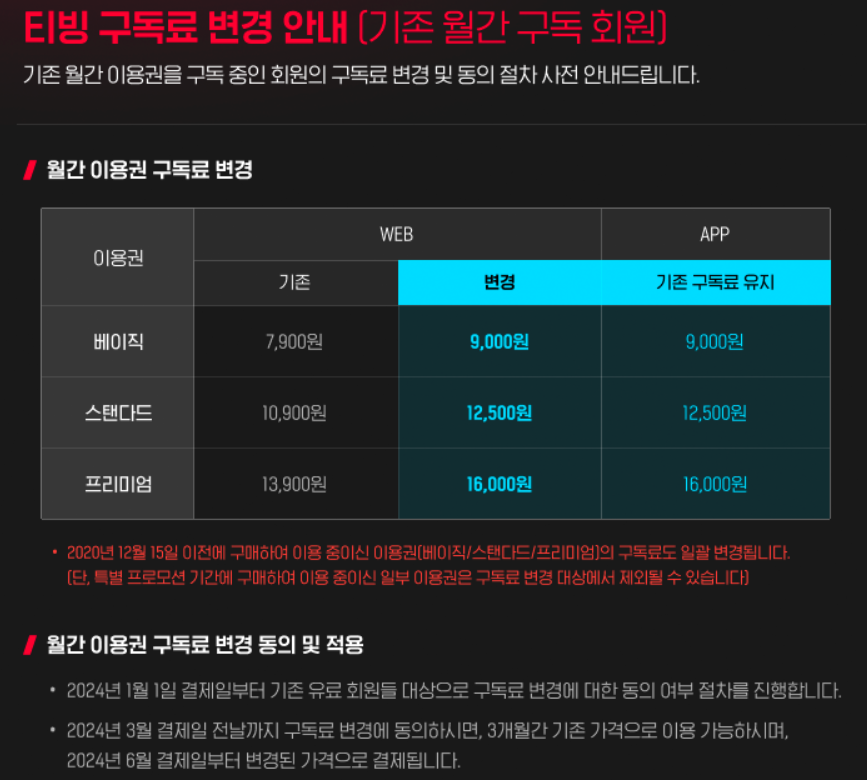 티빙 변경 요금제 상향조정
