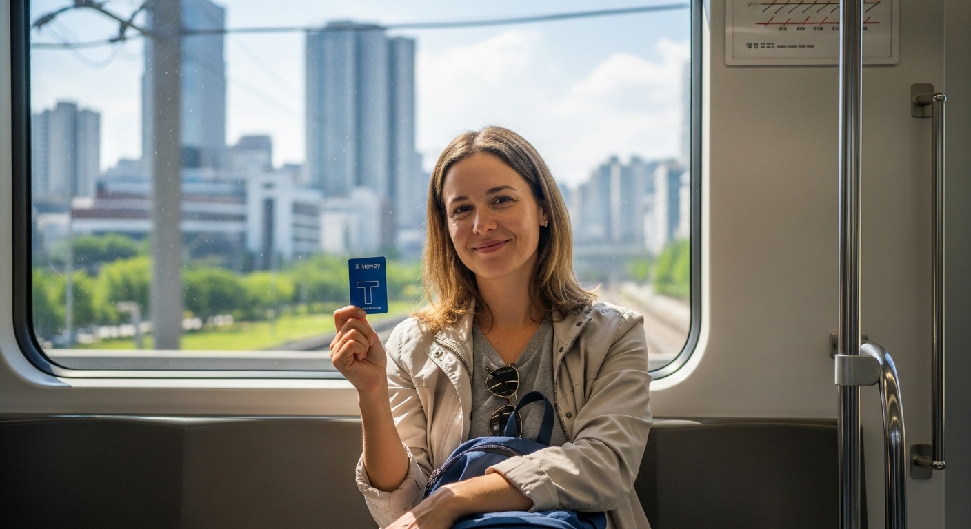 Foreign traveler enjoying easy Seoul travel with T-money card