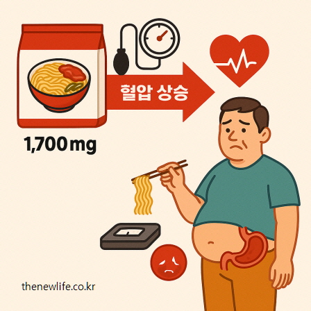 라면중독 섭취로 인한 혈압 상승, 복부 비만, 위장 문제를 표현한 인포그래픽