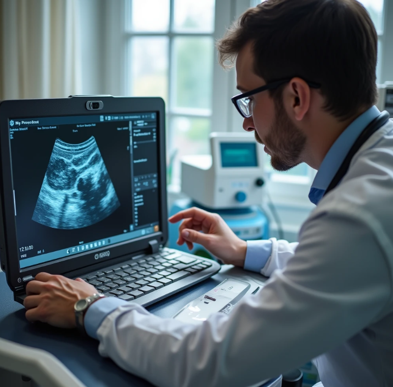 의사가 환자에게 초음파 검사를 하는 모습