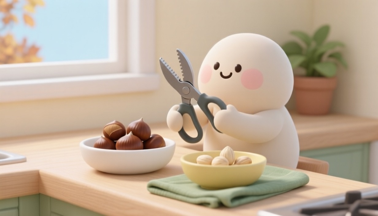 밤가위를 들고 밤 그릇 앞에 앉은 캐릭터
