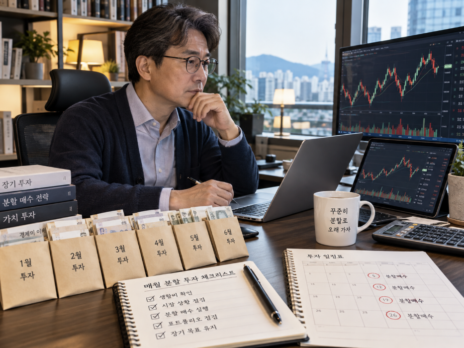 대기 자금을 쪼개 적립식으로 넣으며 급등락장을 버티는 중년 투자자