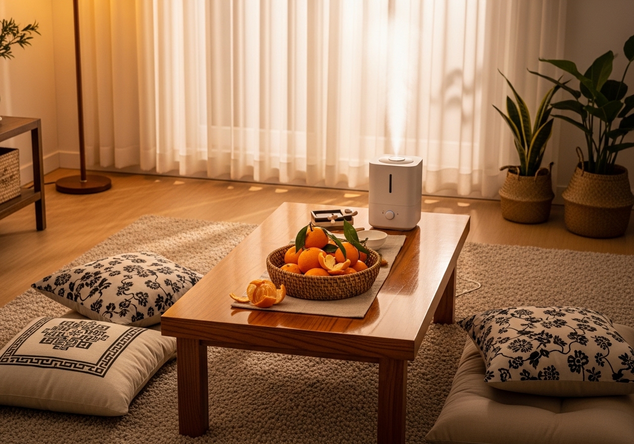 따뜻한 겨울 한국 거실 탁자 위에 놓인 천연 가습기용 귤 껍질 바구니