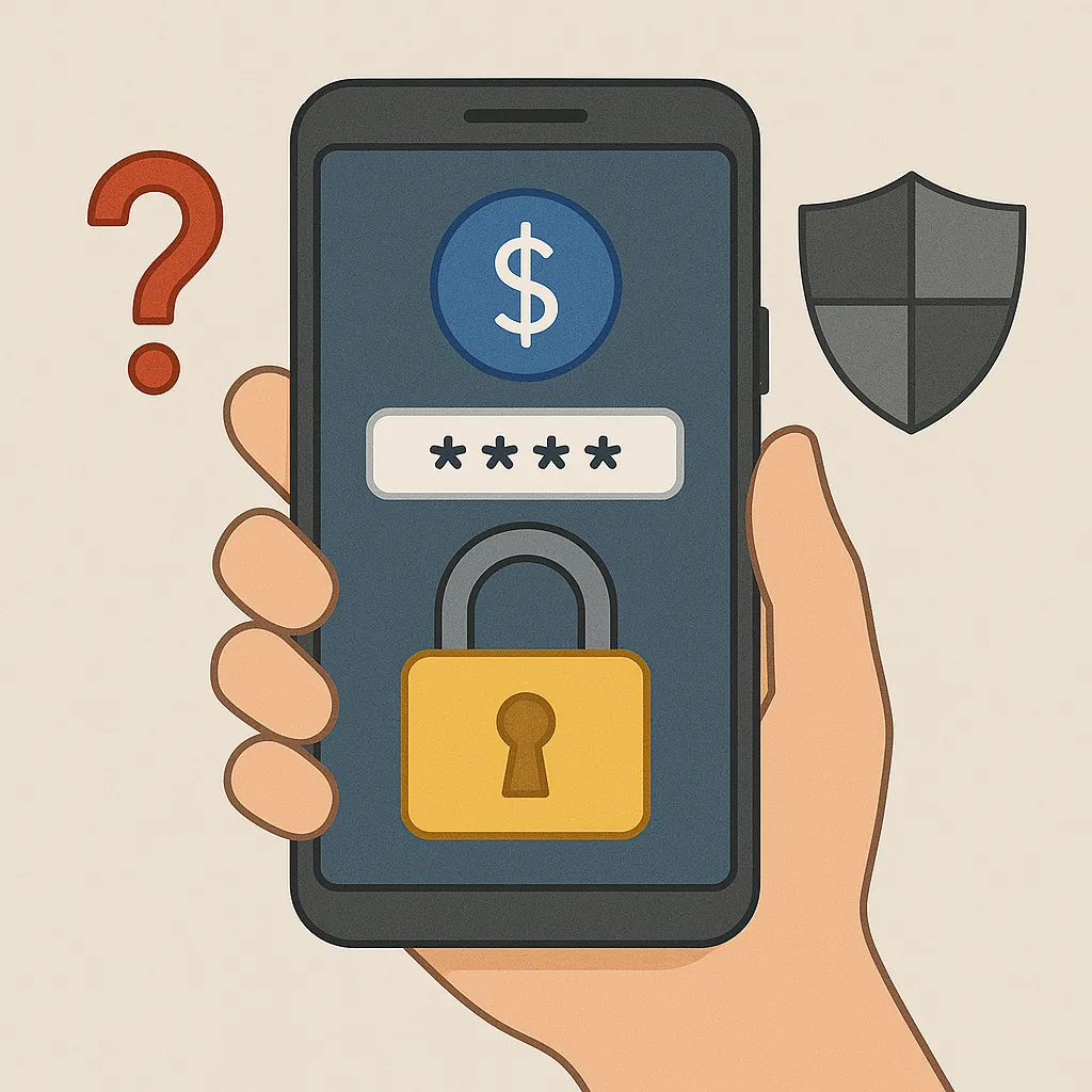 스마트폰 화면에 보안 자물쇠와 방패, 암호 입력창이 있는 모바일뱅킹 앱 보안 관련 일러스트