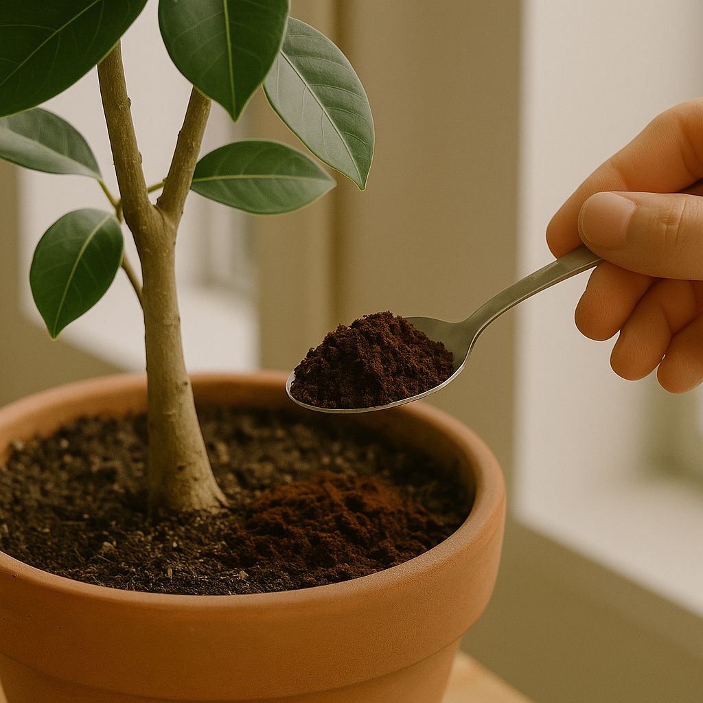 숟가락으로 커피 찌꺼기를 화분 흙 위에 살짝 뿌리는 모습