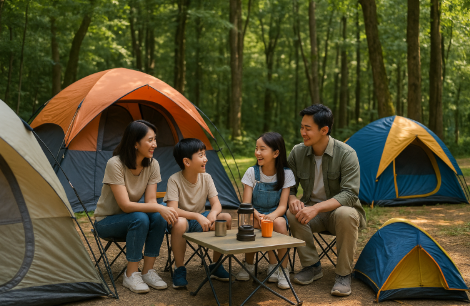 숲에서 가족들이 캠핑 하고 있는 모습