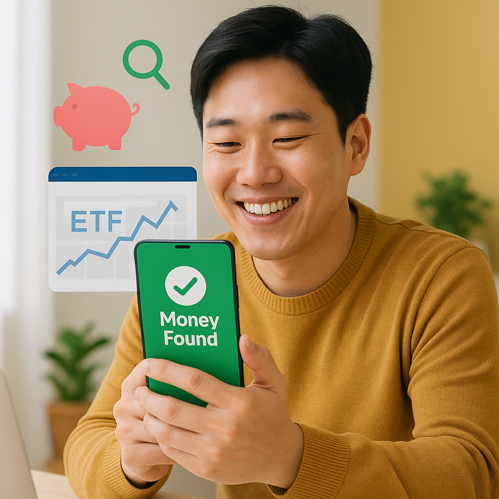 밝은 실내에서 환급 완료 메시지를 확인하며 기뻐하는 한국인 직장인