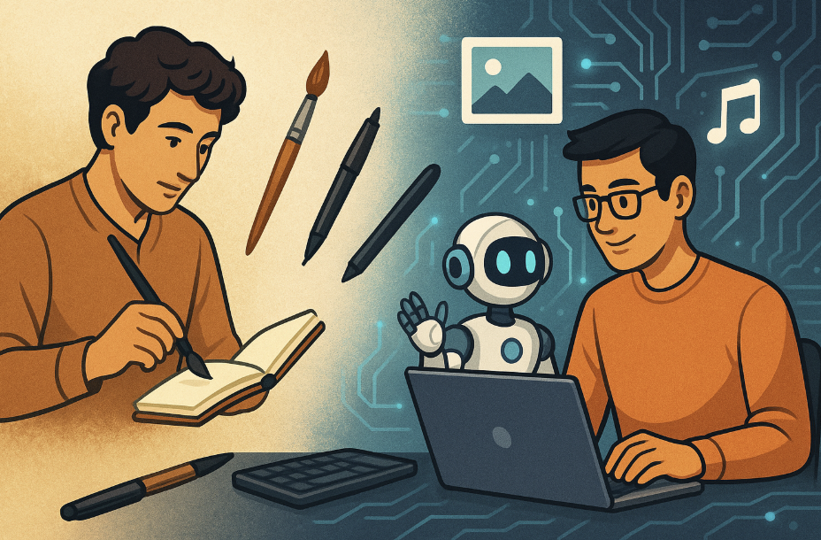 전통 예술가와 AI 기반 디지털 창작자의 대비를 보여주는 가로형 일러스트