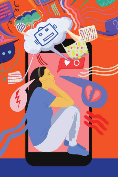 휴대전화 사용에 피곤함을 느끼는 여성 일러스트