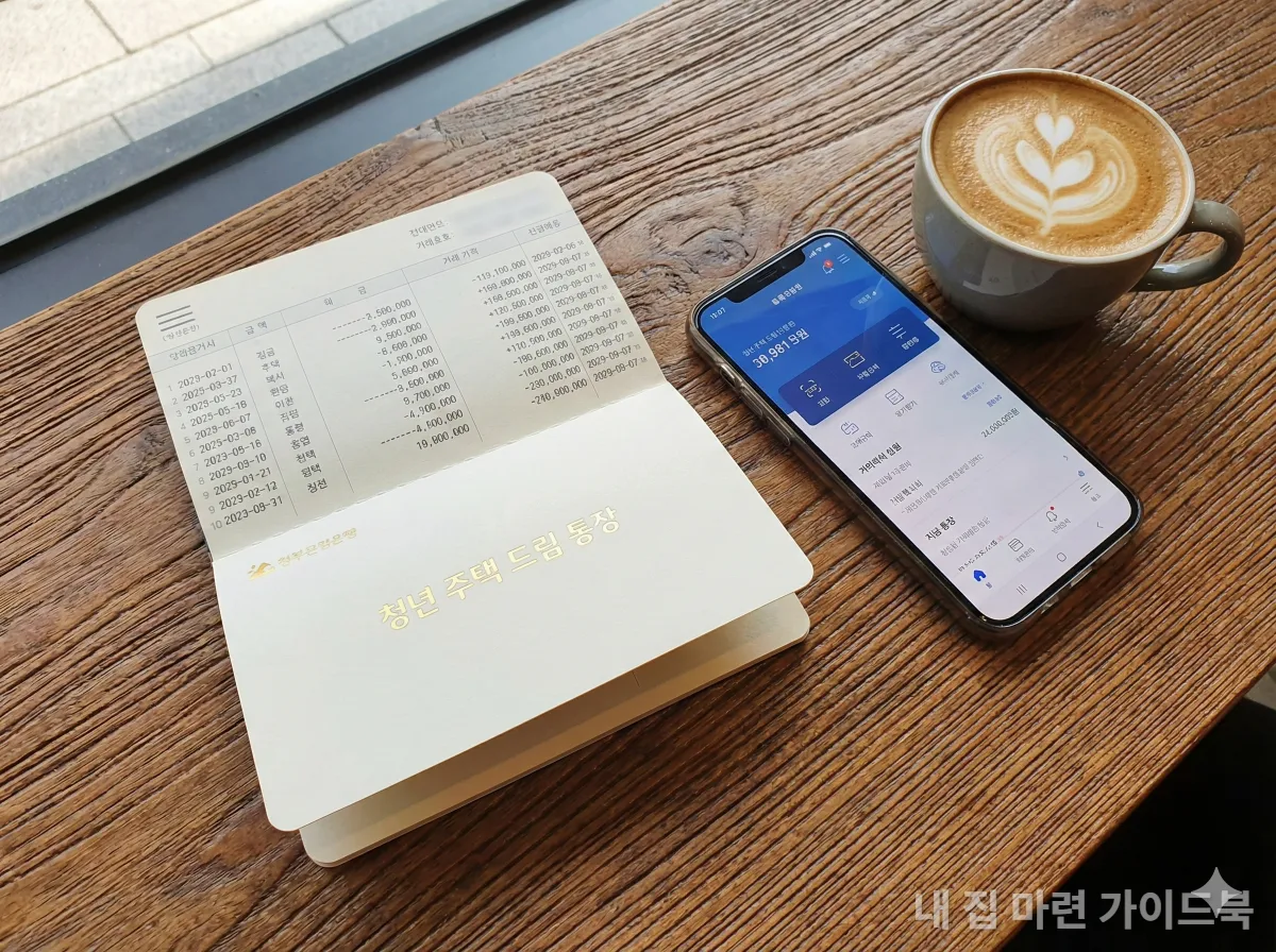 책상 위에 놓인 청년주택드림 청약통장과 스마트폰