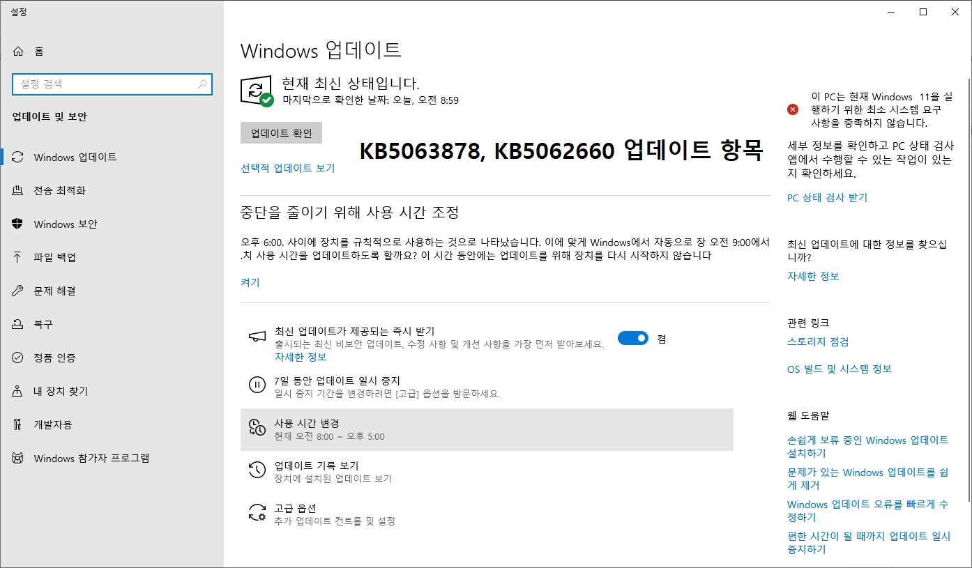 윈도우11 24H2 업데이트 KB5063878, KB5062660 오류