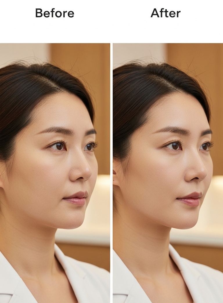 시술 후 턱선이 날렵해진 비포 애프터 비교 이미지