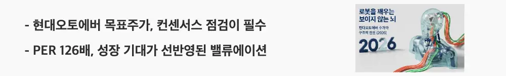 "현대오토에버 목표주가, 컨센서스 점검이 필수"라는 문구가 포함된 웹배너 이미지. 이 이미지는 현재가를 밑도는 증권사 컨센서스 목표주가와 동종업계 평균을 크게 웃도는 PER 126배 등 성장 기대가 선반영된 밸류에이션 상황을 시각적으로 전달하며, 블로그의 현대오토에버 목표주가 및 밸류에이션과 관련된 내용을 설명함.
