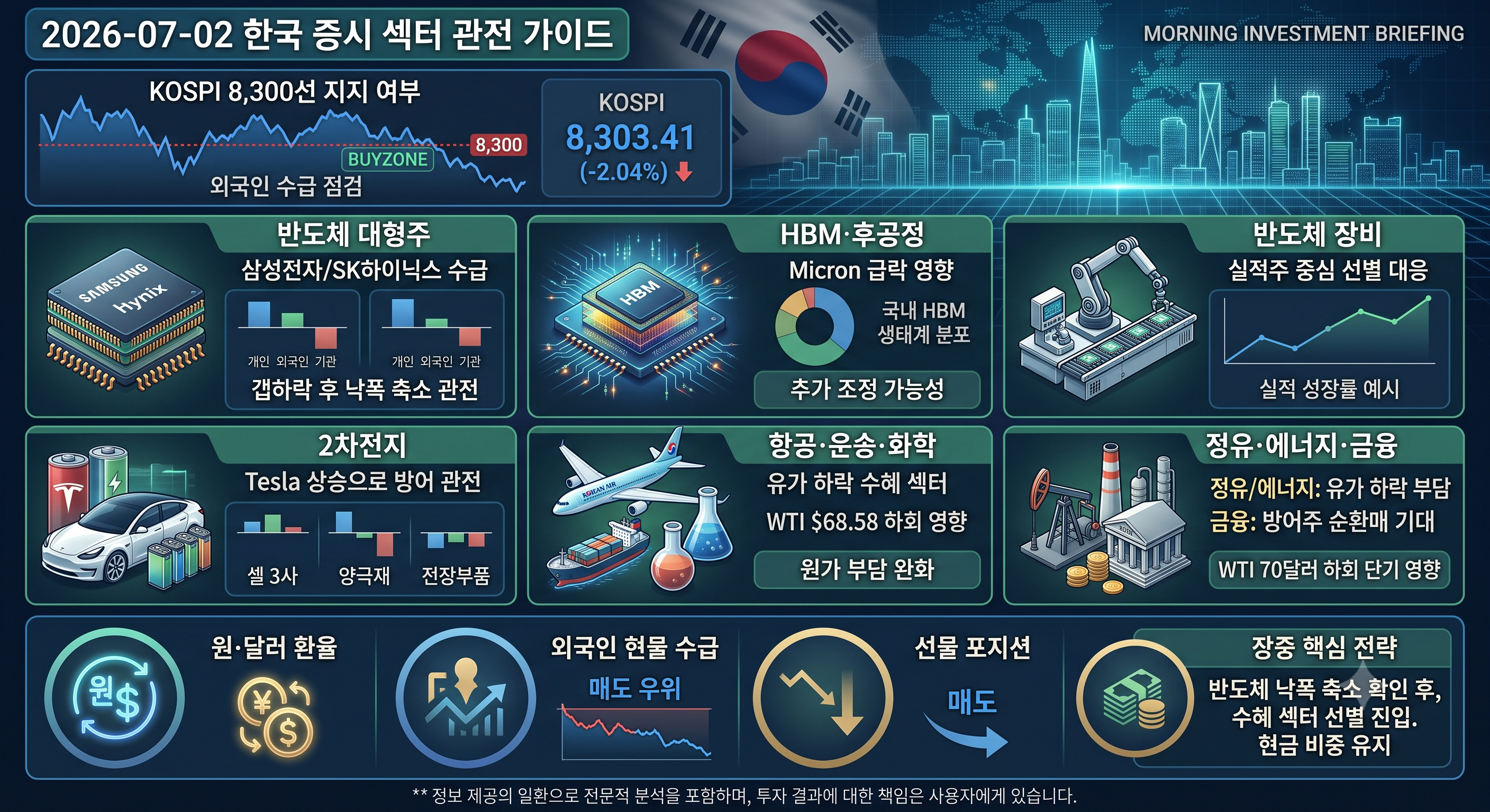 한국 거래소 시세판과 코스피 지수 8300선 지지선을 나타내는 차트 분석 이미지