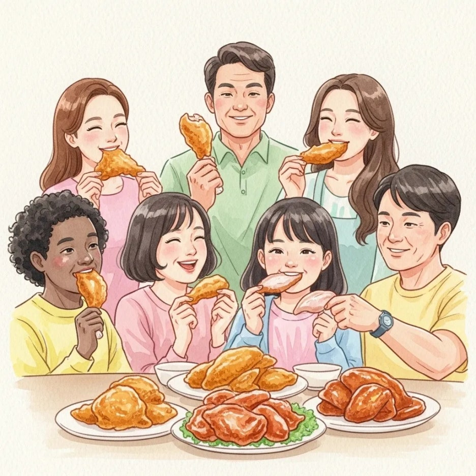 다양한 사람들이 치킨을 맛있게 먹는 모습
