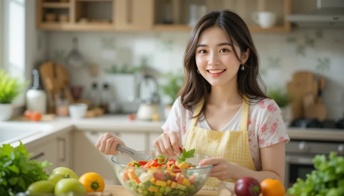 여름철 신선한 과일과 채소로 샐러드를 준비하는 여성