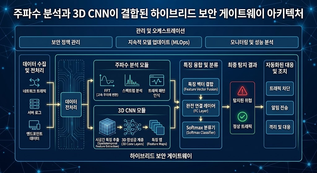 주파수 분석 결과와 3D CNN 판단 결과를 통합하여 최종 위변조 여부를 결정하는 보안 게이트웨이 시스템의 데이터 흐름도