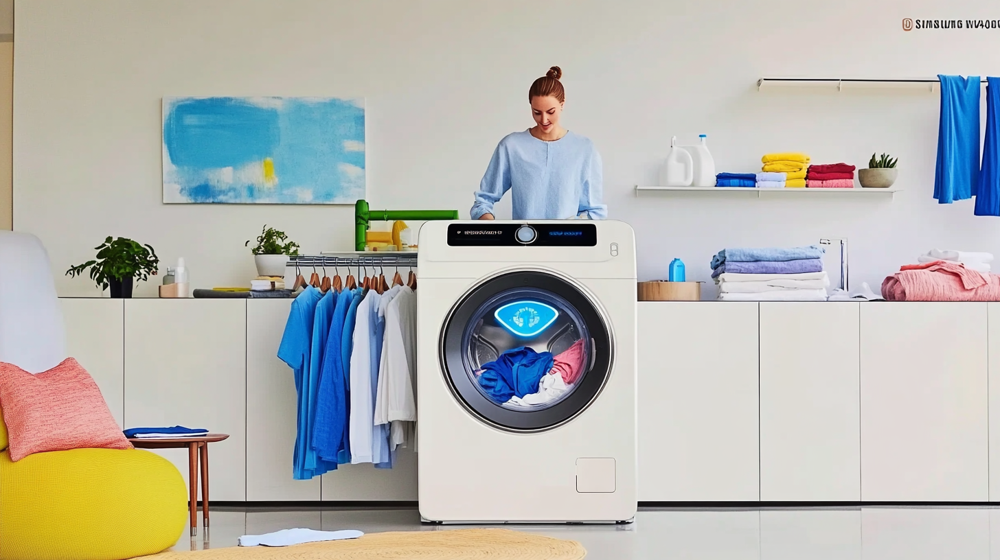 삼성 WF2417HDEEC의 AI 구동 세탁 과정이 스마트 센서로 의류 종류를 감지하여 최적의 세탁 모드를 작동하는 모습을 보여줍니다. 효율적인 세탁 과정을 강조하며, 세탁기의 디테일과 역동적인 조명이 돋보이는 장면입니다.