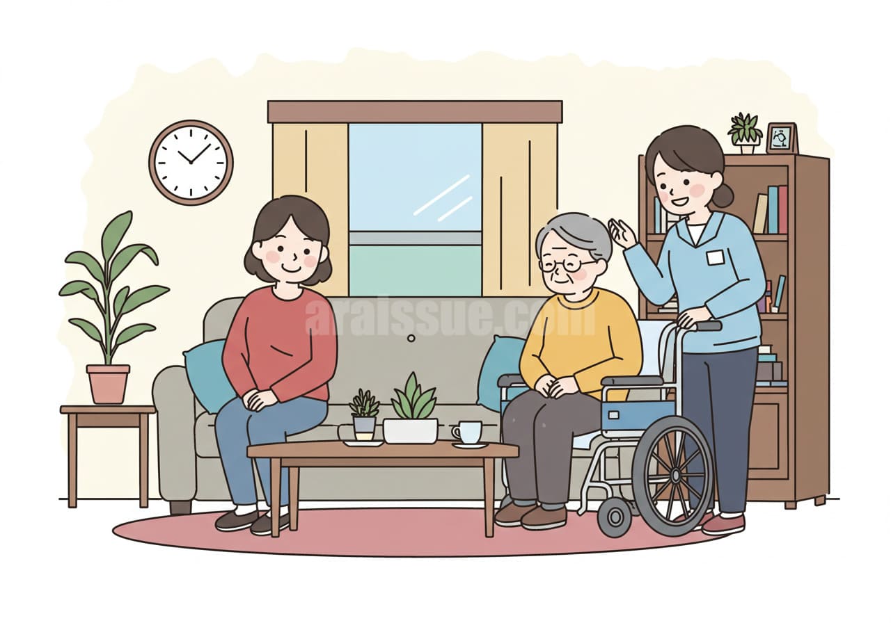 한국 노년 여성이 자택에서 방문간호, 식사 배달, 운동 지도 등 다양한 돌봄 서비스를 받고 있는 장면. 배경은 식탁, 가구, 생활용품 등으로 채워져 있는 가정집 내부이며, 일상 속 통합 돌봄을 표현한 따뜻한 분위기의 이미지.