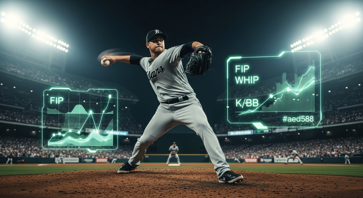 투수의 고급 스탯 FIP, WHIP, K/BB를 시각적으로 표현한 이미지. 투수가 역동적으로 공을 던지는 순간과 함께 데이터 분석 그래프가 초록색 계열로 overlaid되어 있다.
