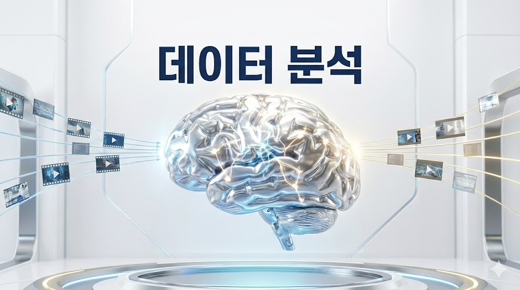 인공지능이 영상을 데이터로 분석하는 과정을 표현한 기술적인 3D 일러스트입니다.