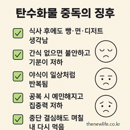 탄수화물 중독의 징후 5가지 &ndash; 빵&middot;면&middot;디저트 생각, 간식 없으면 불안, 야식 반복 등