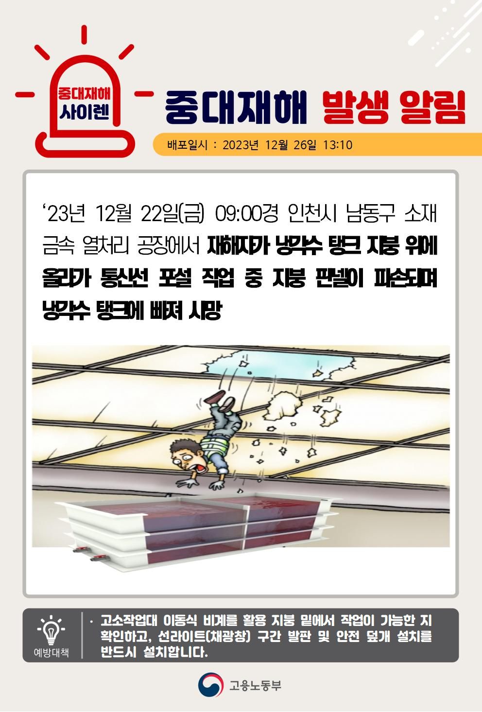 지붕위에 올라가 통신설 포설 작업 중 판넬이 파손되며 떨어짐