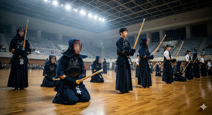 경기장 안에서 진지하게 경기를 준비하는 젊은 검도 선수들의 모습