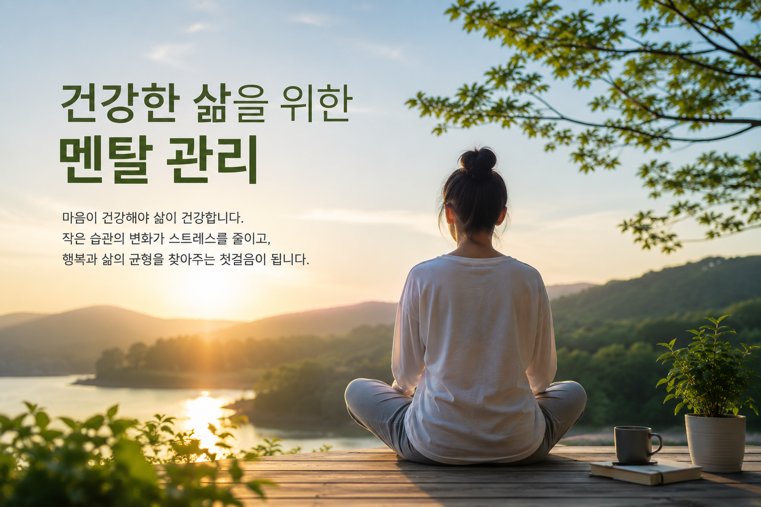 푸른 자연과 노을이 지는 풍경을 바라보며 평온하게 앉아 휴식을 취하고 있는 사람의 뒷모습. '건강한 삶을 위한 멘탈 관리'라는 문구가 적혀 있는 블로그 포스팅 대표 이미지