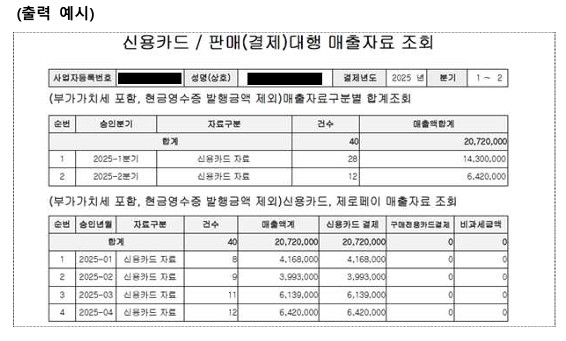 소상공인 경영안정 바우처 면세 사업자 카드 매출 내역 예시