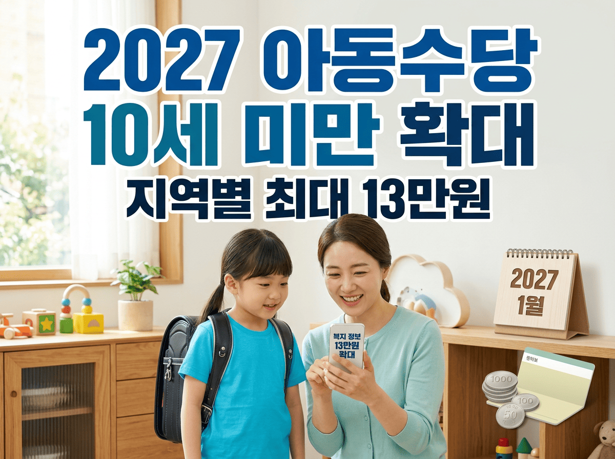 보호자가 아이와 함께 스마트폰으로 2027 아동수당 정보를 확인하는 모습