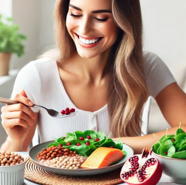 여자가 석류, 콩류, 연어를 골고루 챙겨먹고 있는 모습