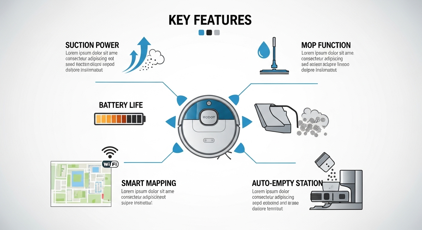 로봇 청소기 구매 시 고려해야 할 흡입력, 물걸레 기능, 배터리, 스마트 맵핑, 자동 먼지 비움 스테이션 등 핵심 기능들을 아이콘으로 나타낸 인포그래픽.