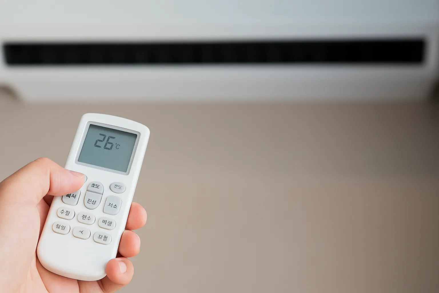 에어컨 리모컨을 들고 있는 손과 실내 에어컨 본체, 26도 설정 화면이 보이는 모습