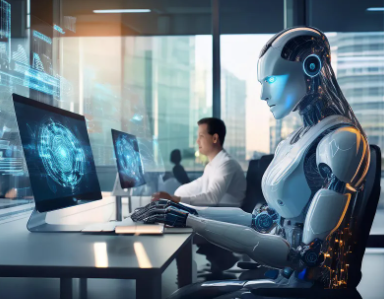 인간의 사무실에서 컴퓨팅하고 있는 로봇 이미지