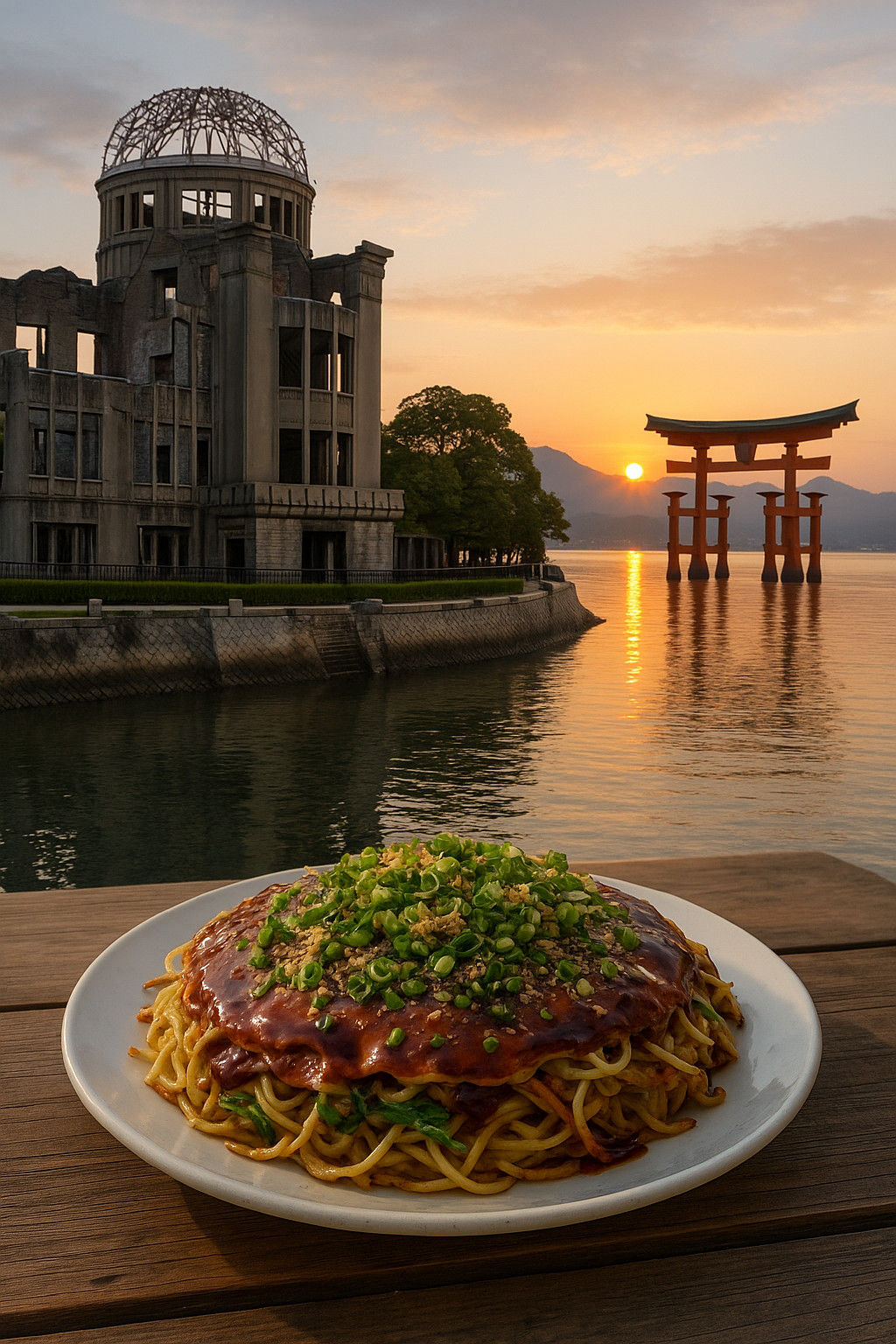 히로시마의 원폭 돔과 이츠쿠시마 신사의 오도리이를 배경으로 갓 구운 히로시마식 오코노미야키가 놓인 풍경을 담은 사진